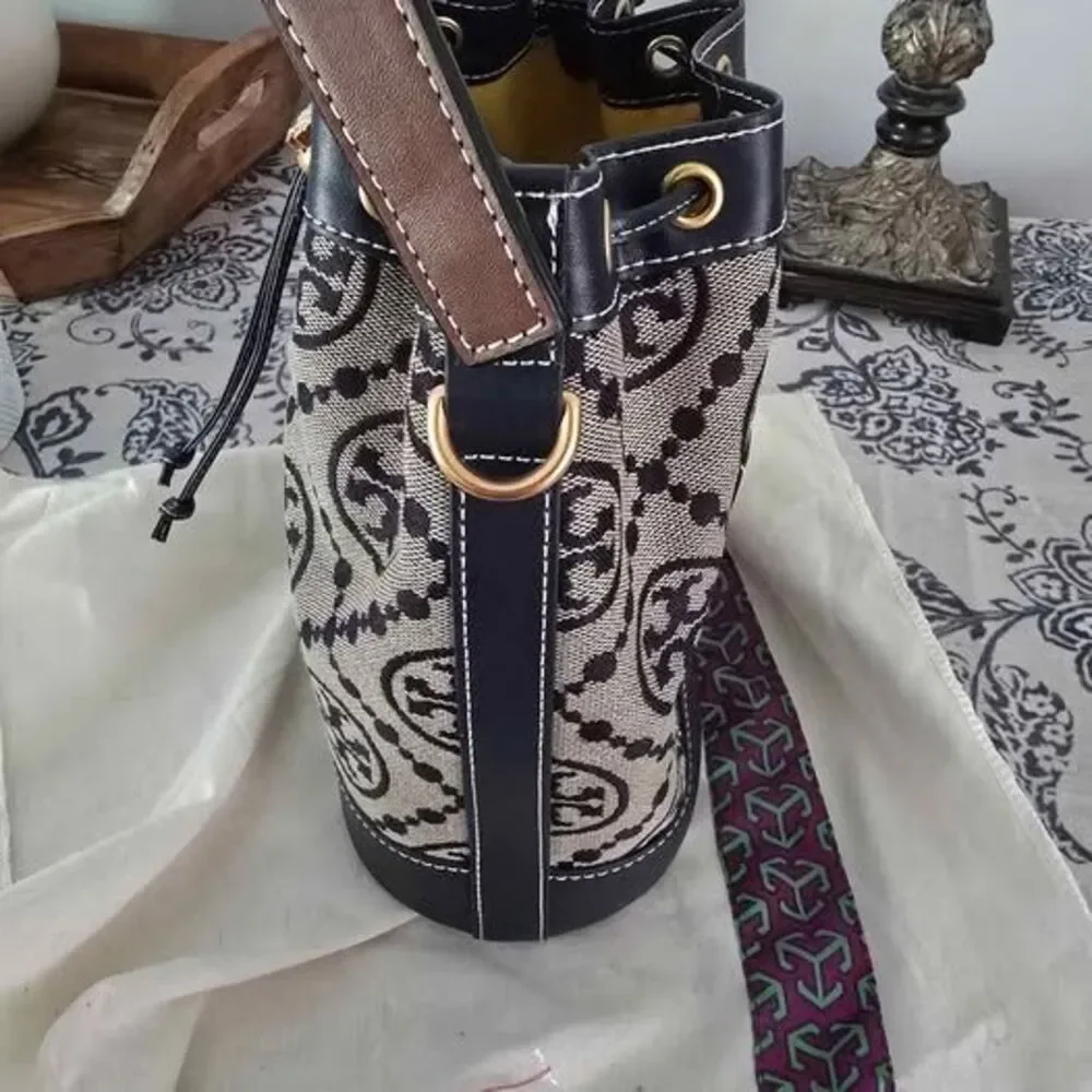 Tory Burch T Monogram Jacquard Navy Bucket Bag New